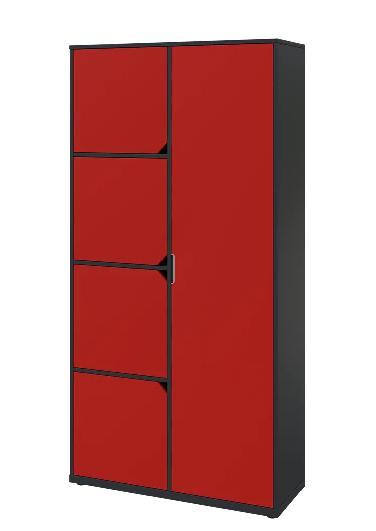 KSR6-82 P skříň šatní, 1x výsuvné ramínko, 4x dvířka, 2053x1022x400 mm, provedení pravé, antracit/červená